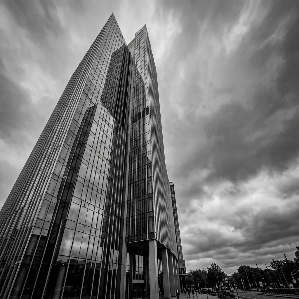 Towering modern glass facade reflecting an overcast sky