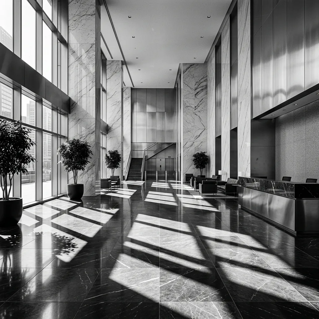 Sleek marble and brushed steel corporate lobby