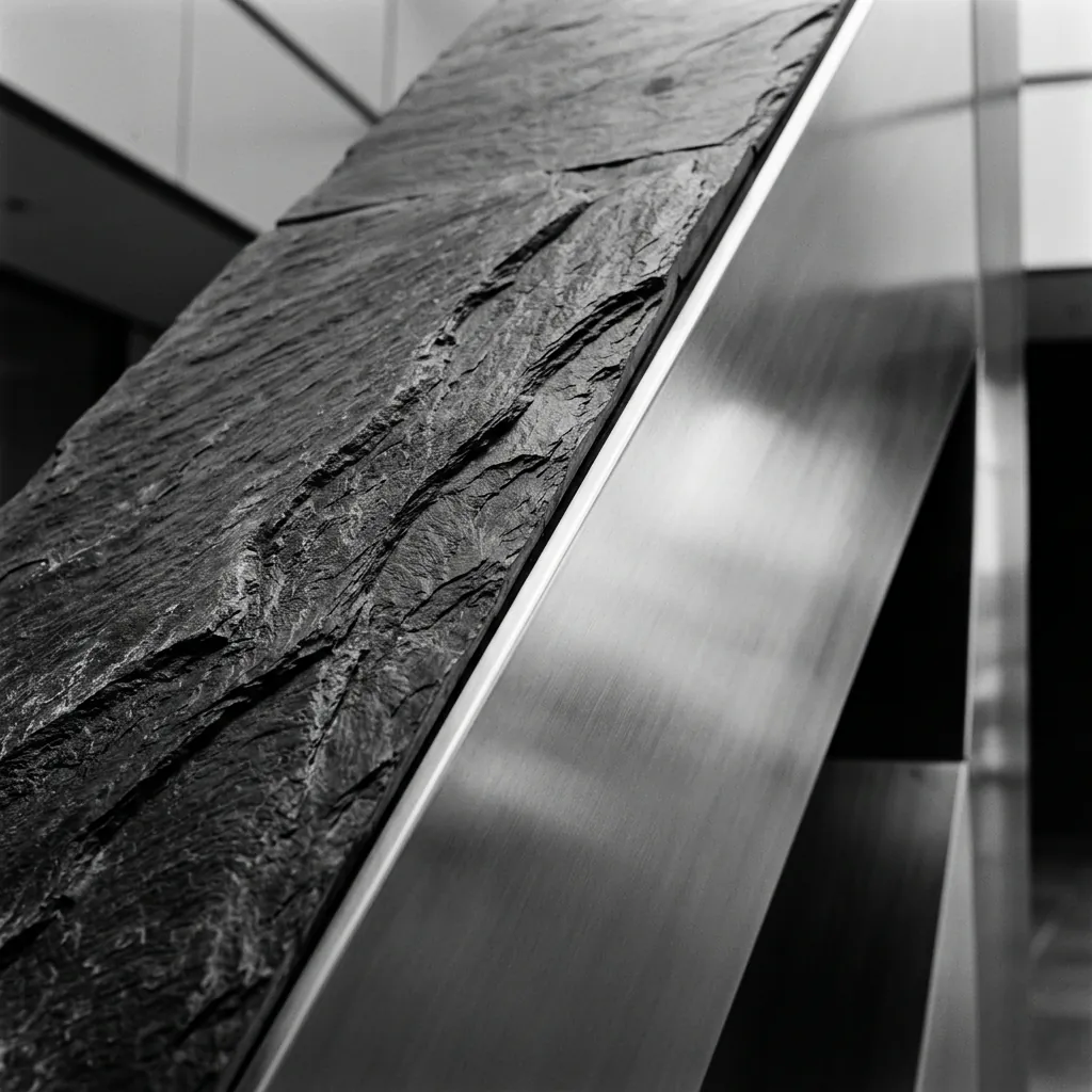 Abstract textured slate and polished metal architectural detail