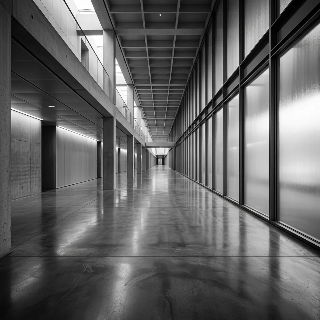 Ultra-wide architectural corridor with minimalist design