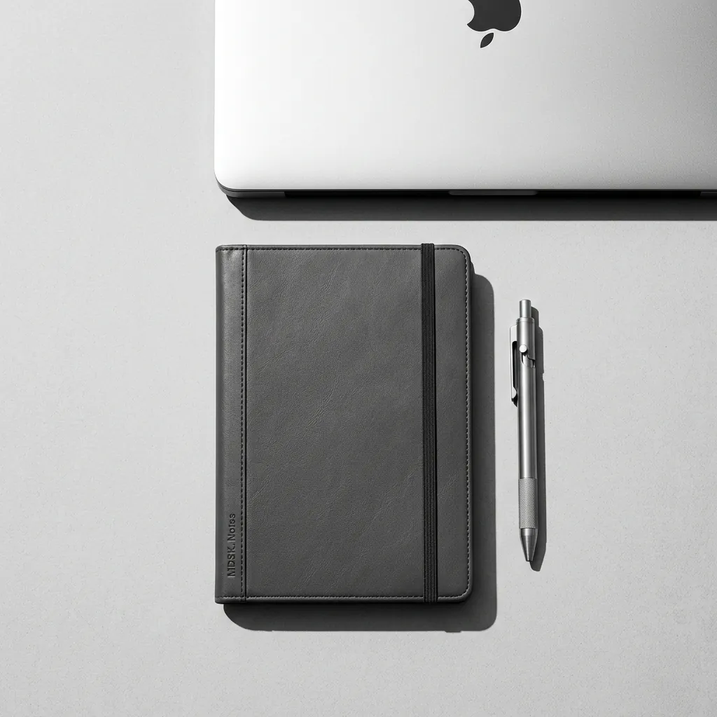 Sleek grey notebook with a silver pen next to a closed laptop