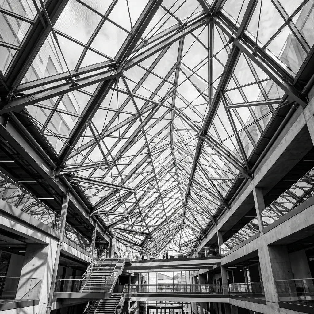 Complex geometric glass and steel atrium ceiling